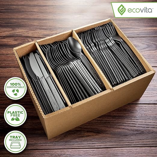 Ecovita 100% Compostable Forks Spoons Knives Cutlery Combo Set