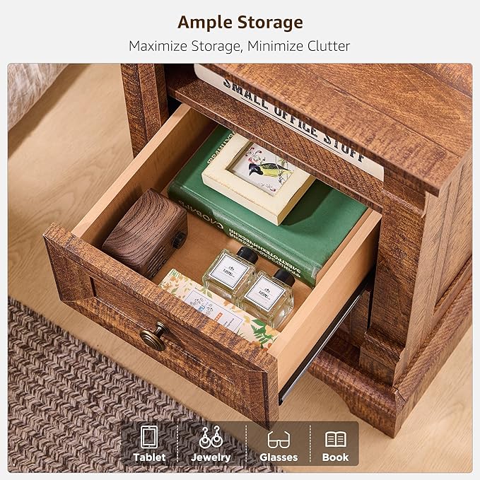 Farmhouse Nightstand with Charging Station, Wooden Sofa Table w/Roman Column