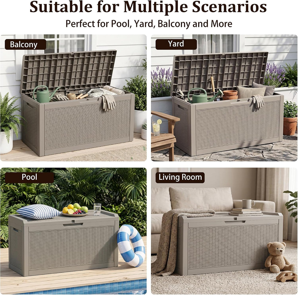 outdoor storage box,80 gallon lockable deck box,grey on a desk or shelf
