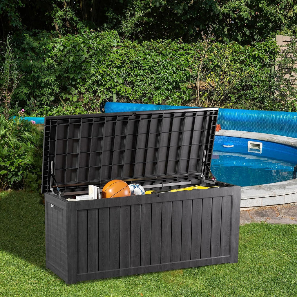 outdoor storage box, 200 gallon waterproof deck box, side view