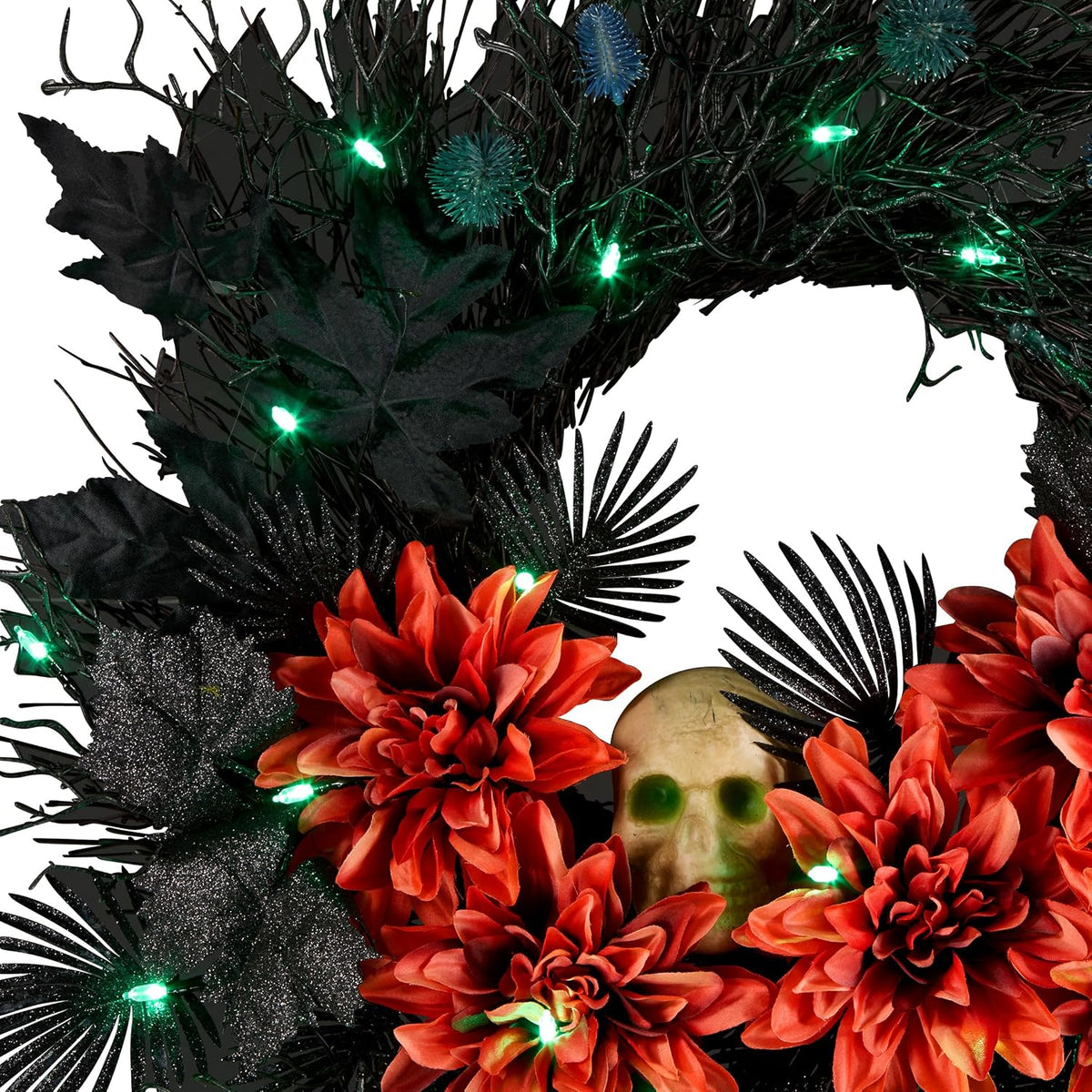 National Tree Company, 24inch Artificial Boo-Tiful Halloween Wreath with Orange Florals and White Skull, 30 Green LED Lights