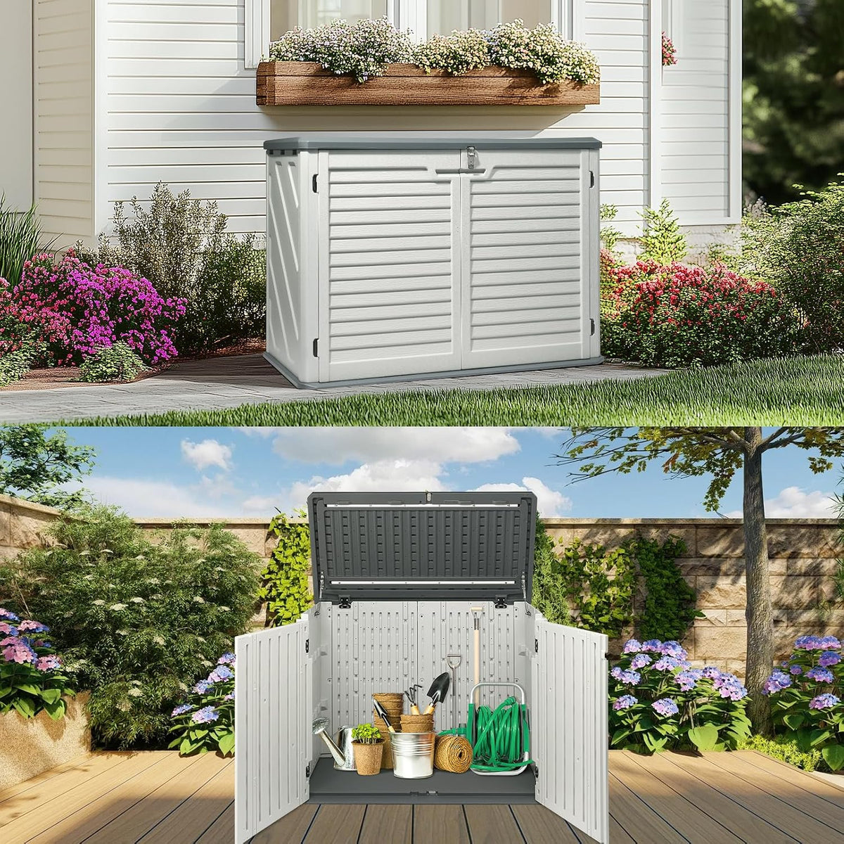 vingli upgraded 31.5 cu.ft plastic outdoor storage shed on a desk or shelf