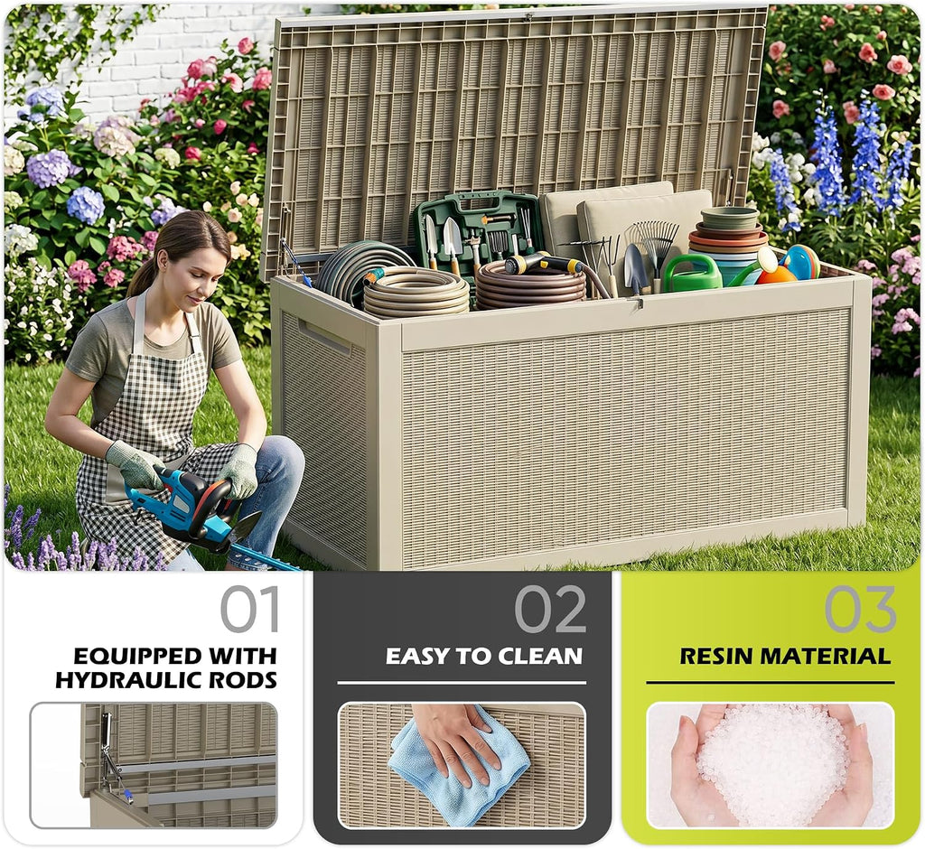 rojik 340 gallon deck box outdoor waterproof,weatherproof outdoor showing dimensions