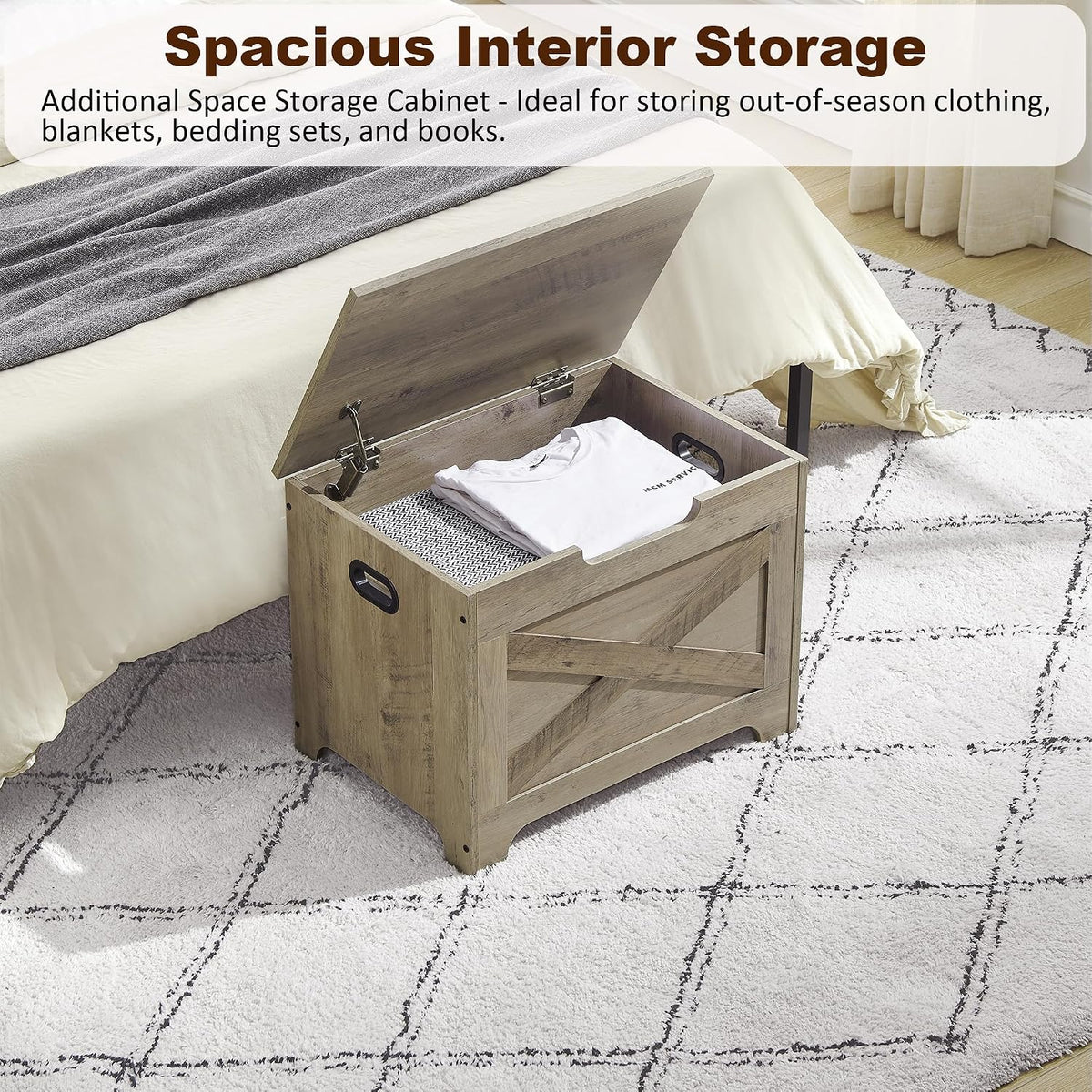 idealhouse 23.6" storage bench with 2 safety hinges showing dimensions