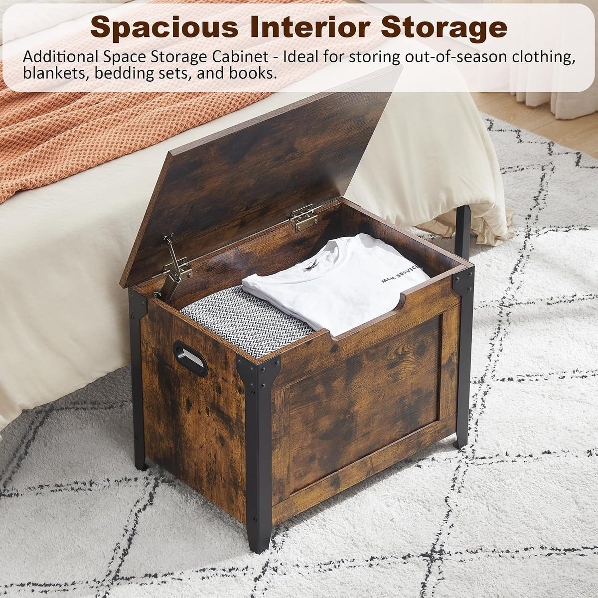 idealhouse 23.6" storage bench with 2 safety hinges, side view