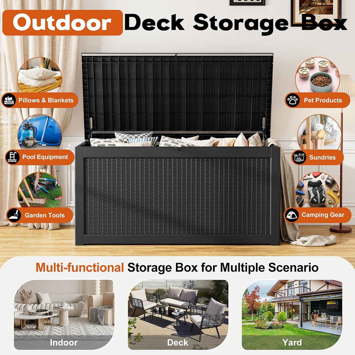 resin outdoor deck storage box waterproof (black, 300, side view
