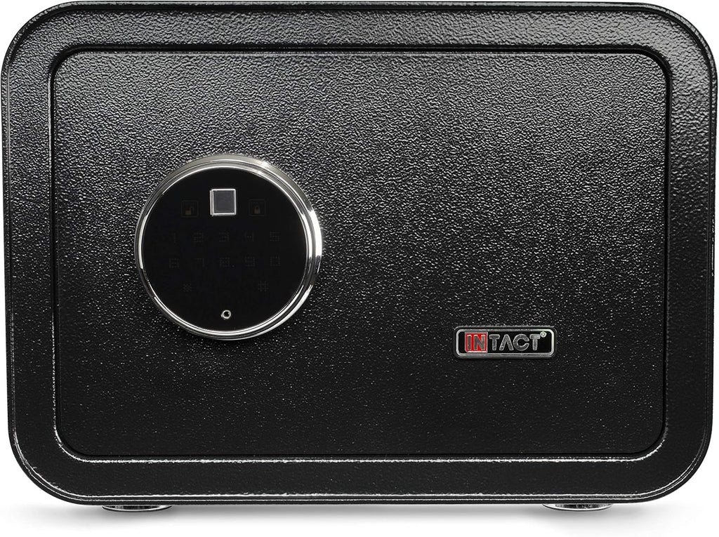 intact compact quick access biometric fingerprint gun safe shown in use