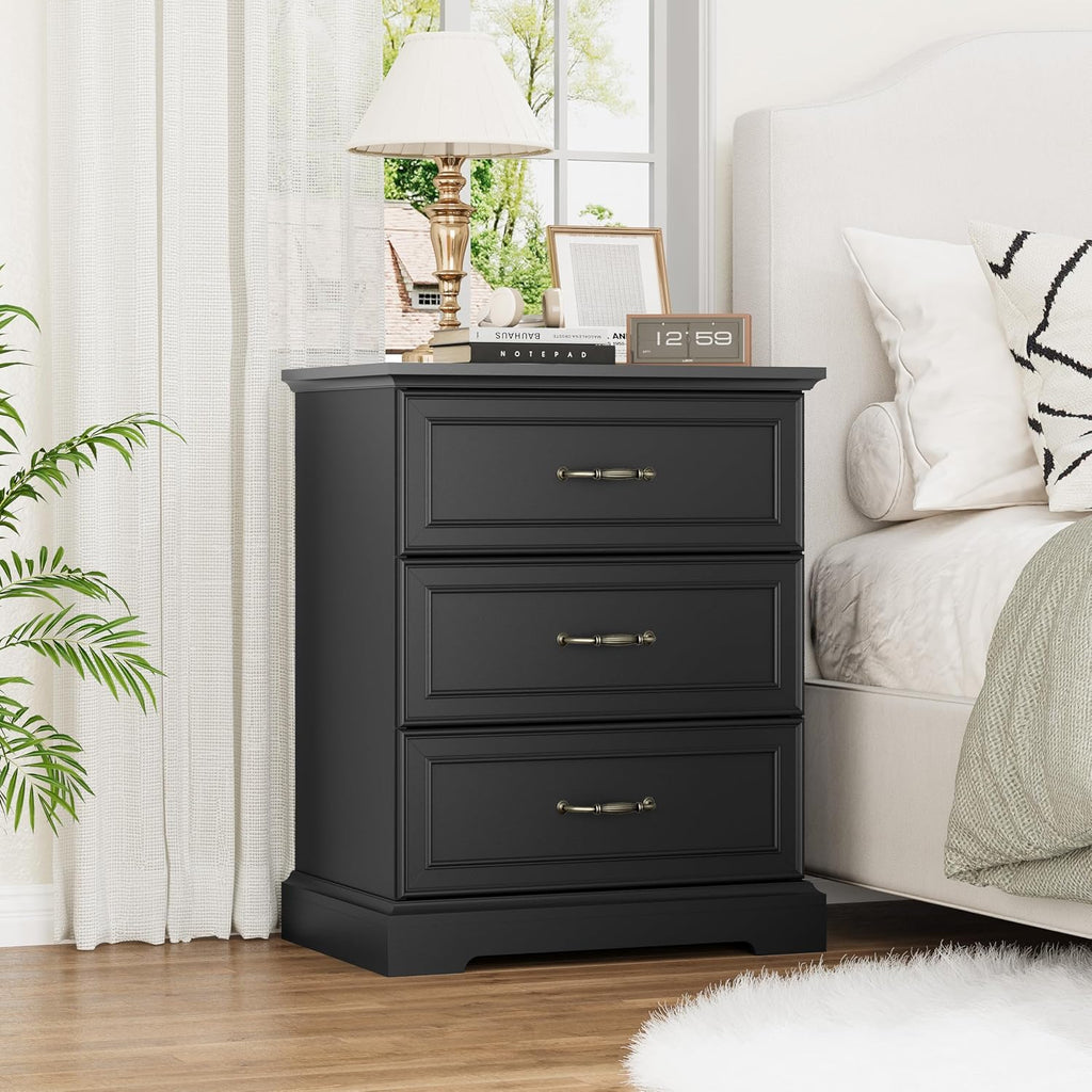 Nightstand with 3 Large Drawers, Rustic Farmhouse Wood Small Dresser, Bedside