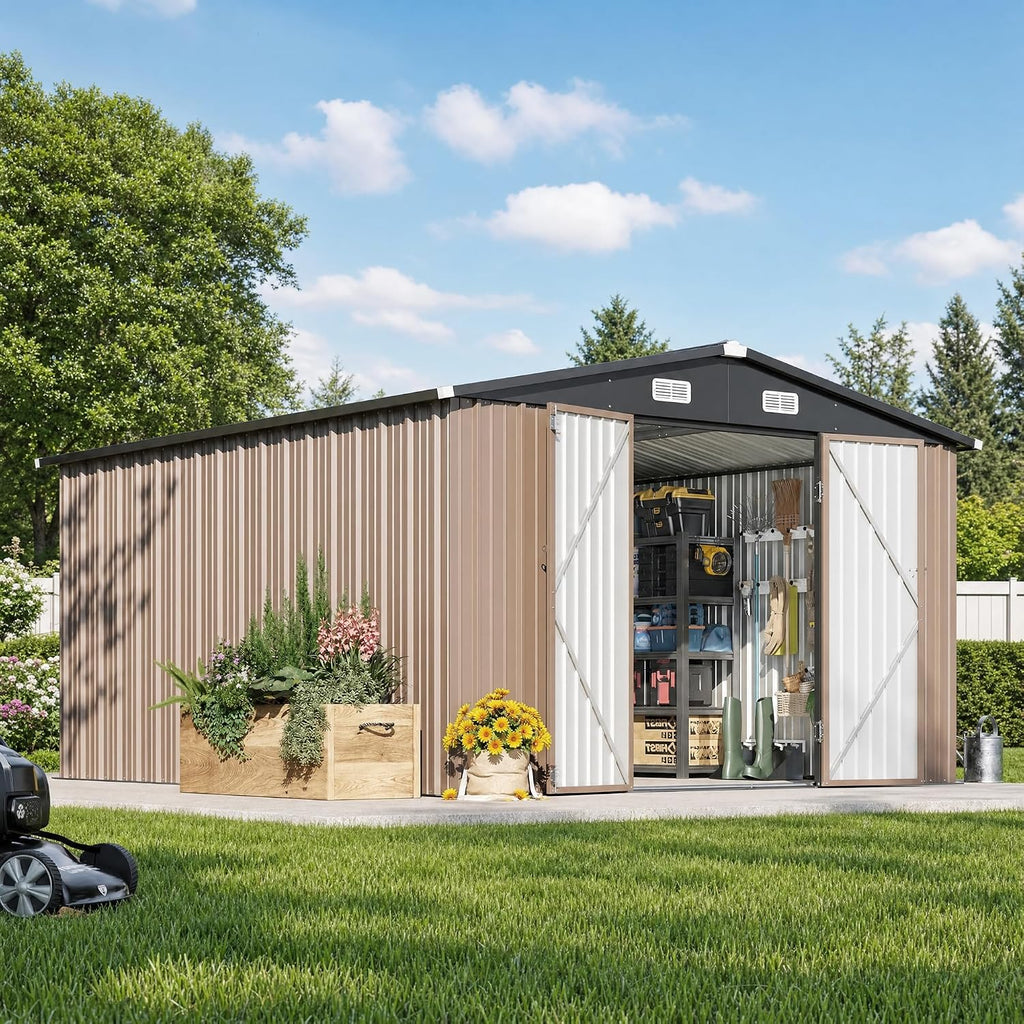 Aoxun 12 x 10FT Outdoor Storage Shed with Double Hinged Large Door, Brown