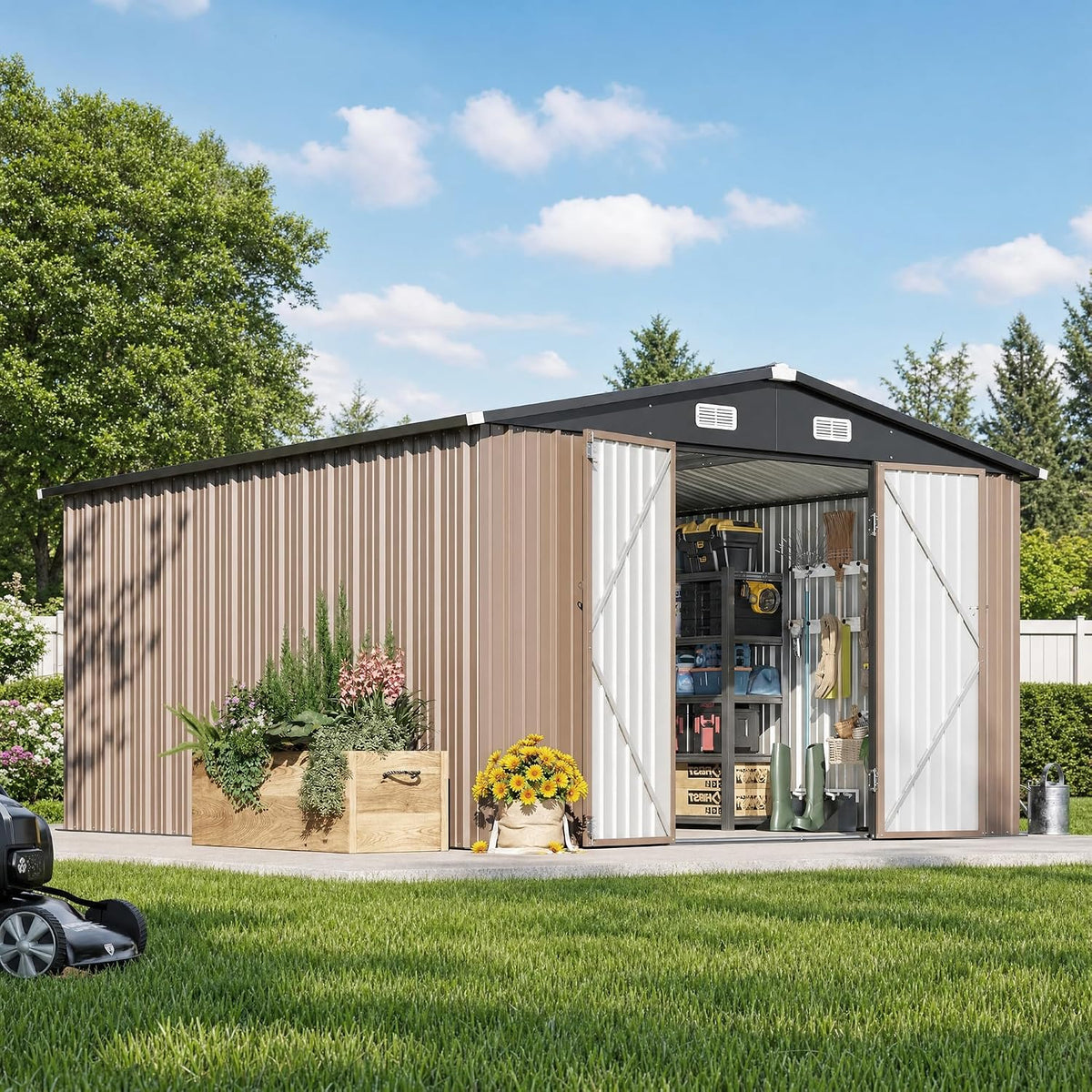 Aoxun 12 x 10FT Outdoor Storage Shed with Double Hinged Large Door, Brown