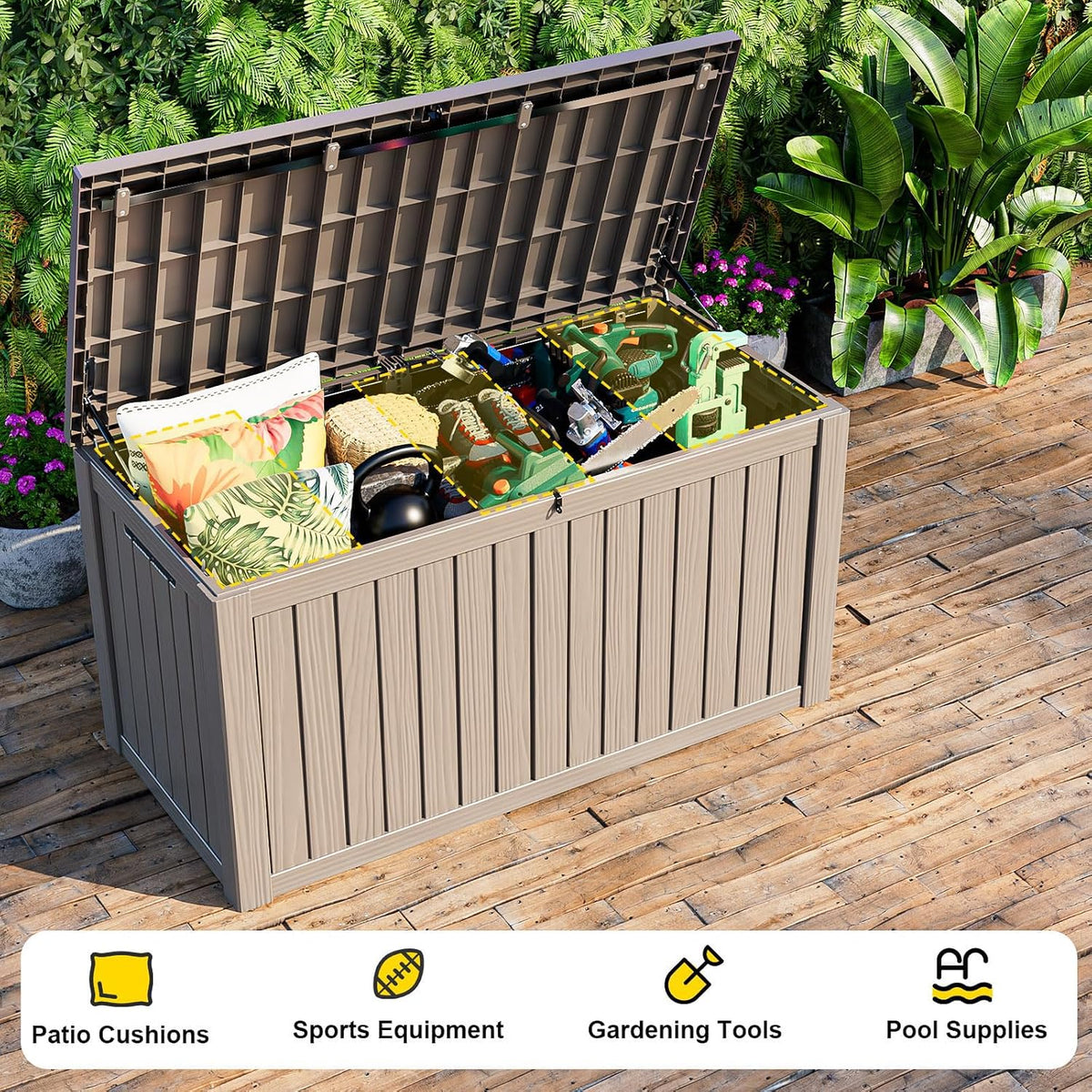 180 gallon outdoor storage box, resin deck boxes, side view