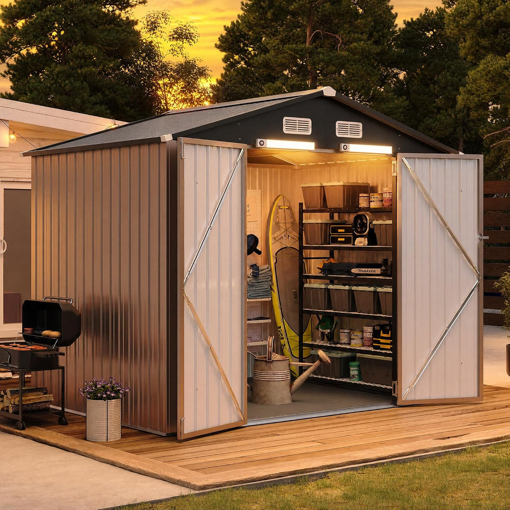 Aoxun 8'x6' Metal Storage Shed with Floor & 2 Magnetic Sensor Lights Brown