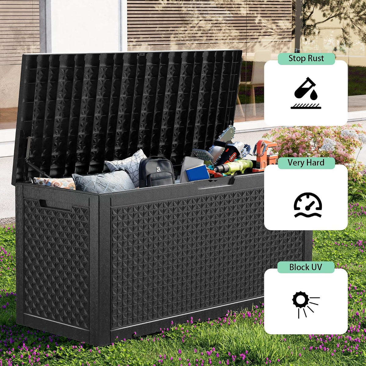 easyup 121 gallon outdoor storage box waterproof, uv showing dimensions