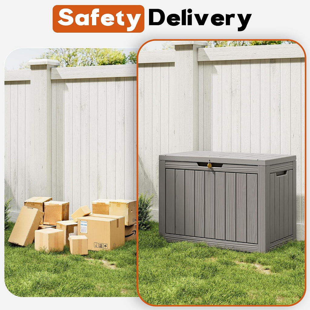 waterproof outdoor storage box, resin patio bin,50 gal,grey, package contents