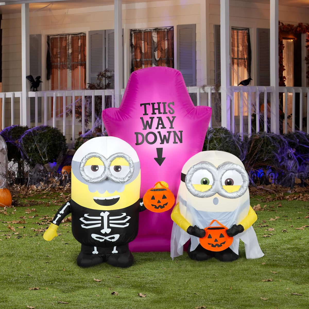 Gemmy Minions Halloween Inflatable Scene, 5 Ft Tall Lighted Universal Yard Decoration, Outdoor Decor with Stakes and Tethers