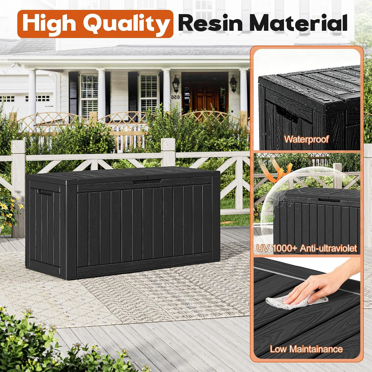 waterproof outdoor storage box, resin patio organizer,120 gal,black, side view