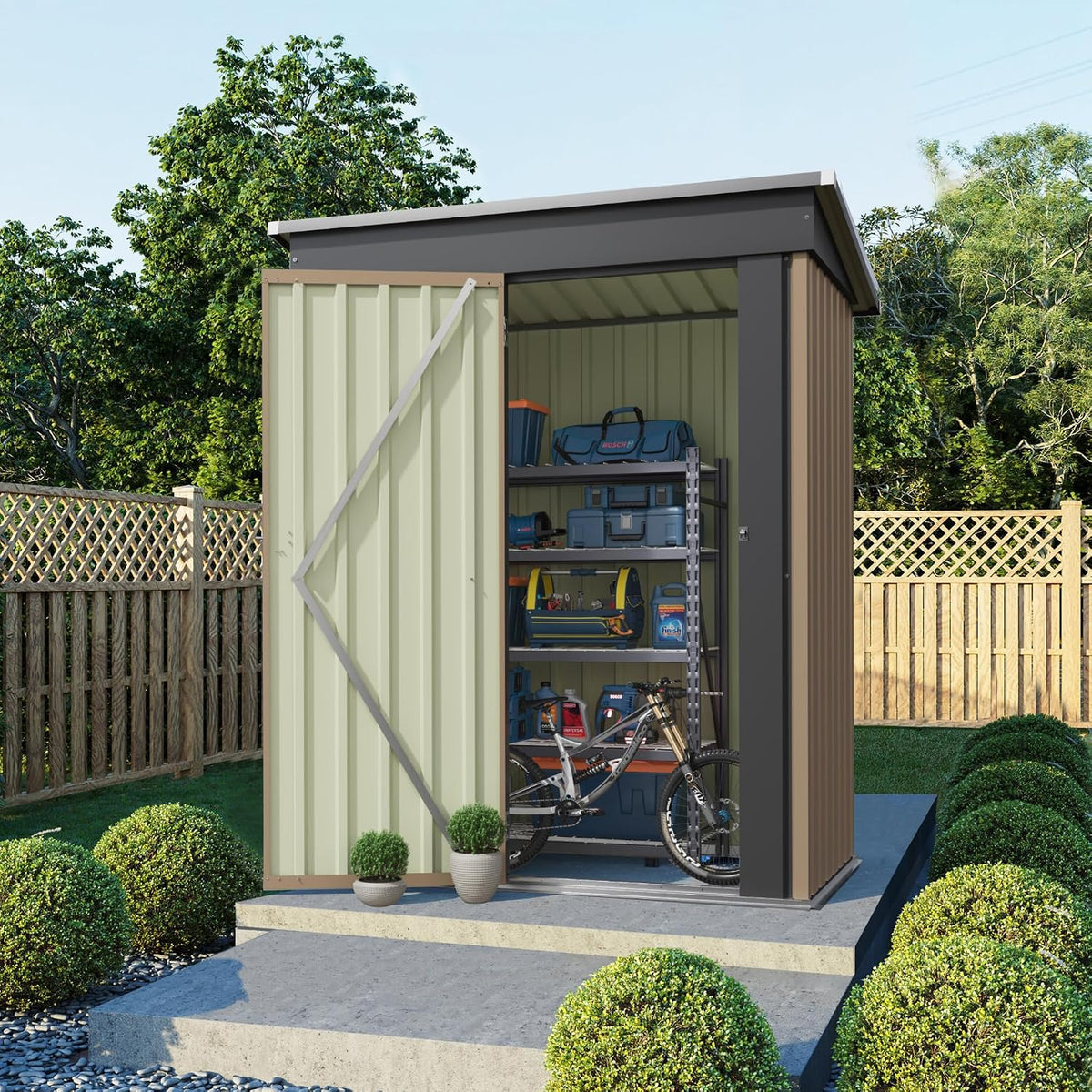 flamaker 5x3 ft storage shed waterproof metal garden shown in use