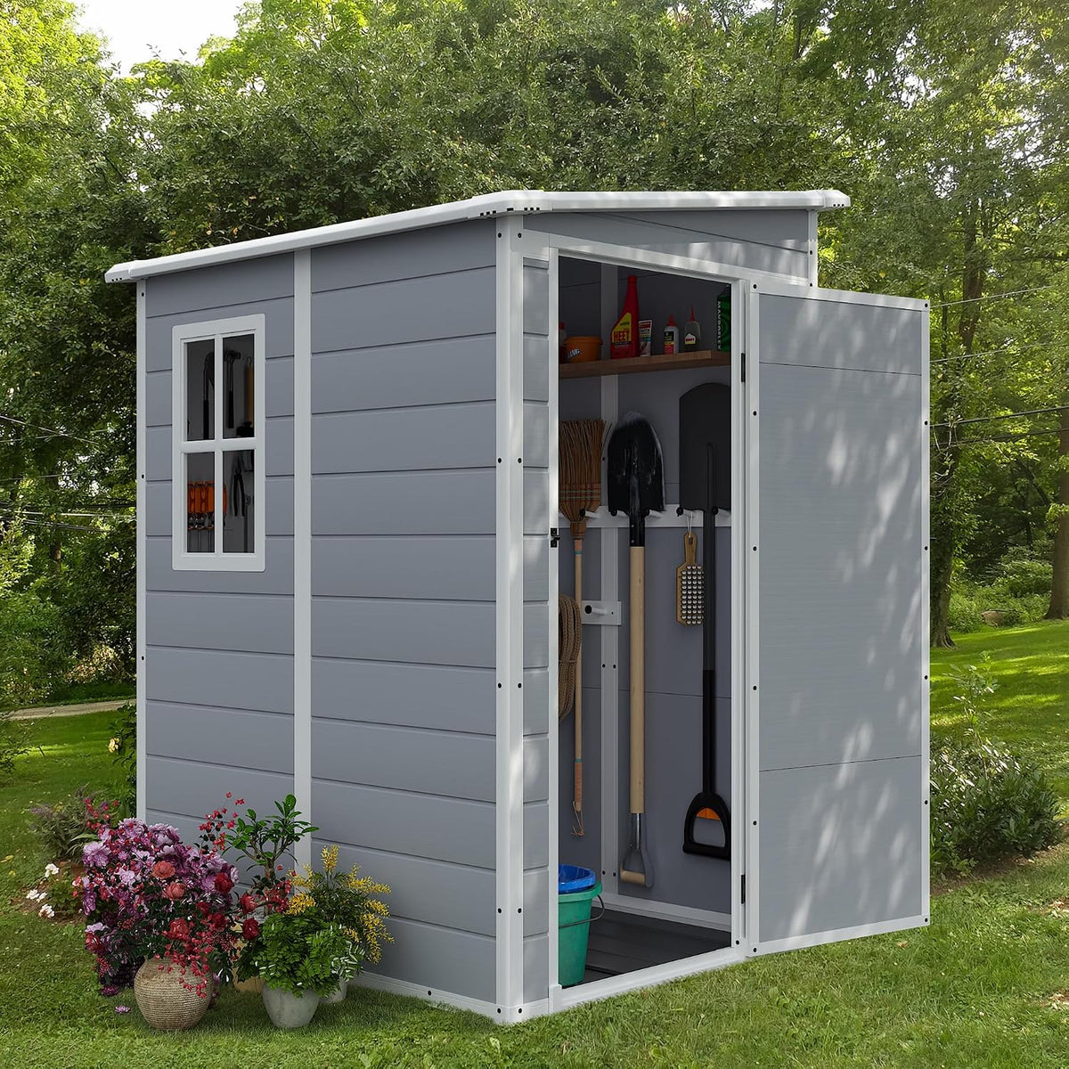 jummico outdoor storage shed, 5 x 4 ft on a desk or shelf