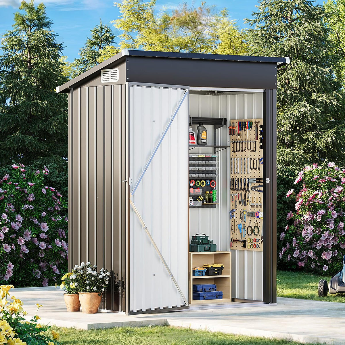 MXV 5x3 FT Outdoor Metal Storage Shed, Lockable Galvanized Steel Tool House with Sloped Roof, Waterproof Shed for Backyard, Garden, Patio, Black