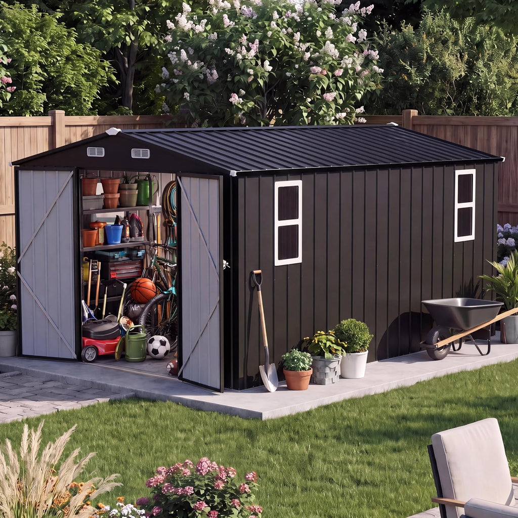 LAUSAINT HOME 10 x 12 FT Outdoor Storage Shed with Windows, Heavy Duty Galvanized Steel Storage Shed with Double Lockable Doors, Gable Roof & Air Vent for Backyard, Black