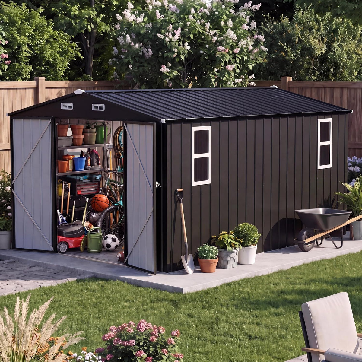LAUSAINT HOME 10 x 12 FT Outdoor Storage Shed with Windows, Heavy Duty Galvanized Steel Storage Shed with Double Lockable Doors, Gable Roof & Air Vent for Backyard, Black