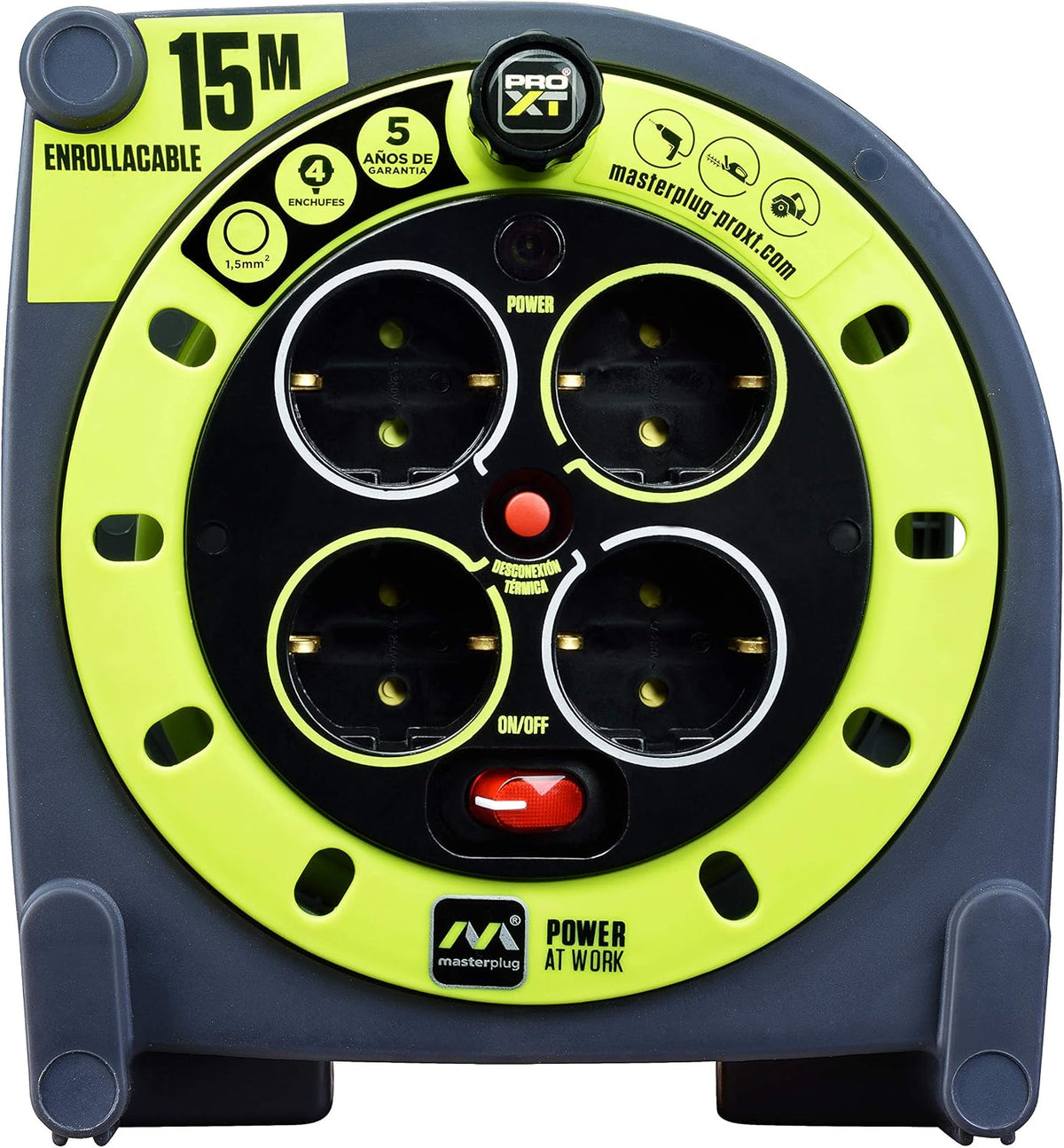 Masterplug Pro-XT Cable Reel 15 m, Extension 4 Schuko Eschufes, Electric Extension 3000 W Grey/Green