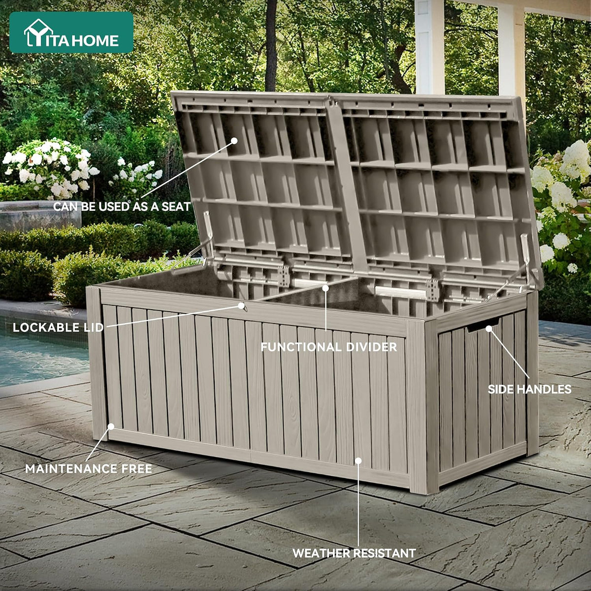 yitahome 180 gallon large deck box w/divider, close-up detail