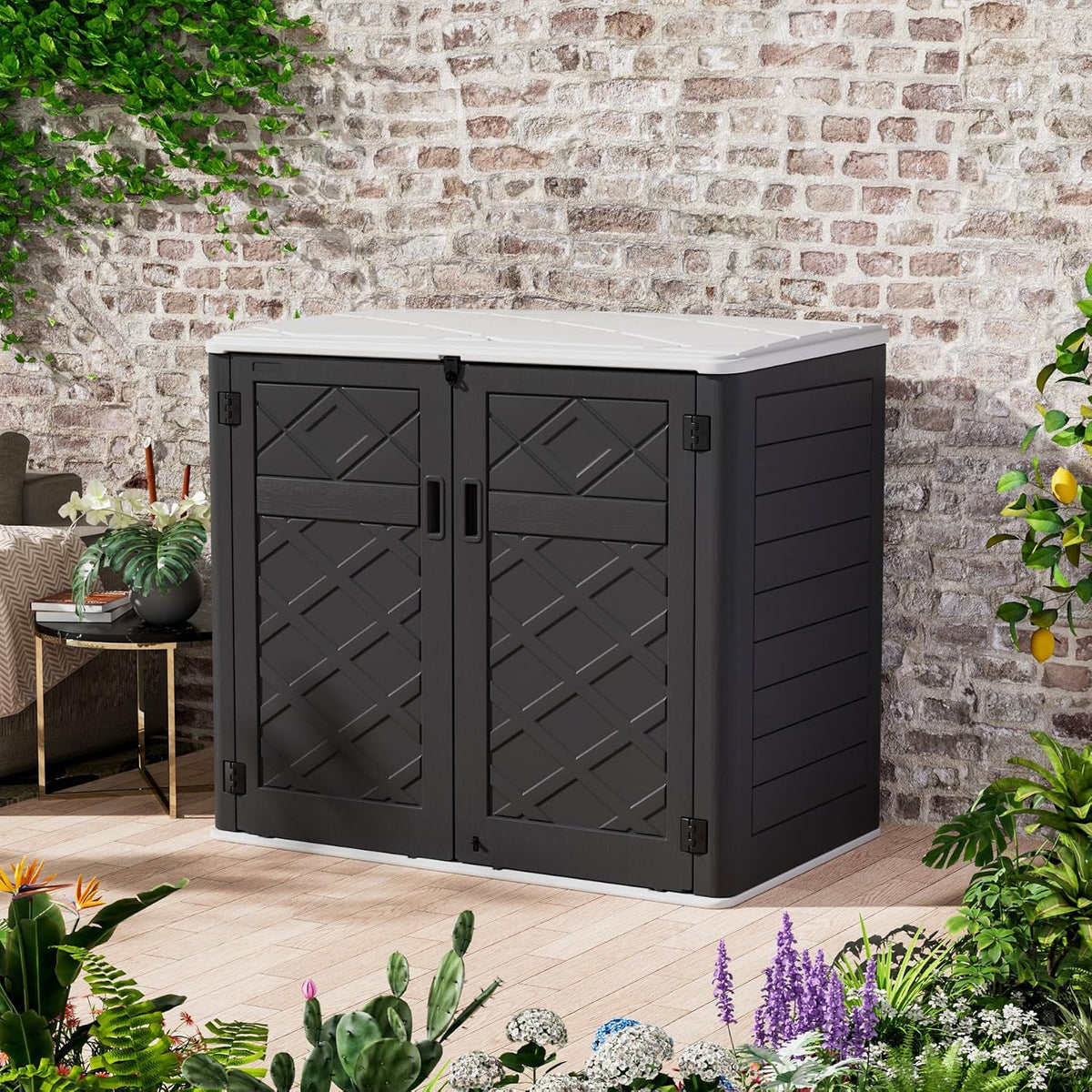 mrosaa resin outdoor storage shed, 38 cu.ft outdoor shown in use