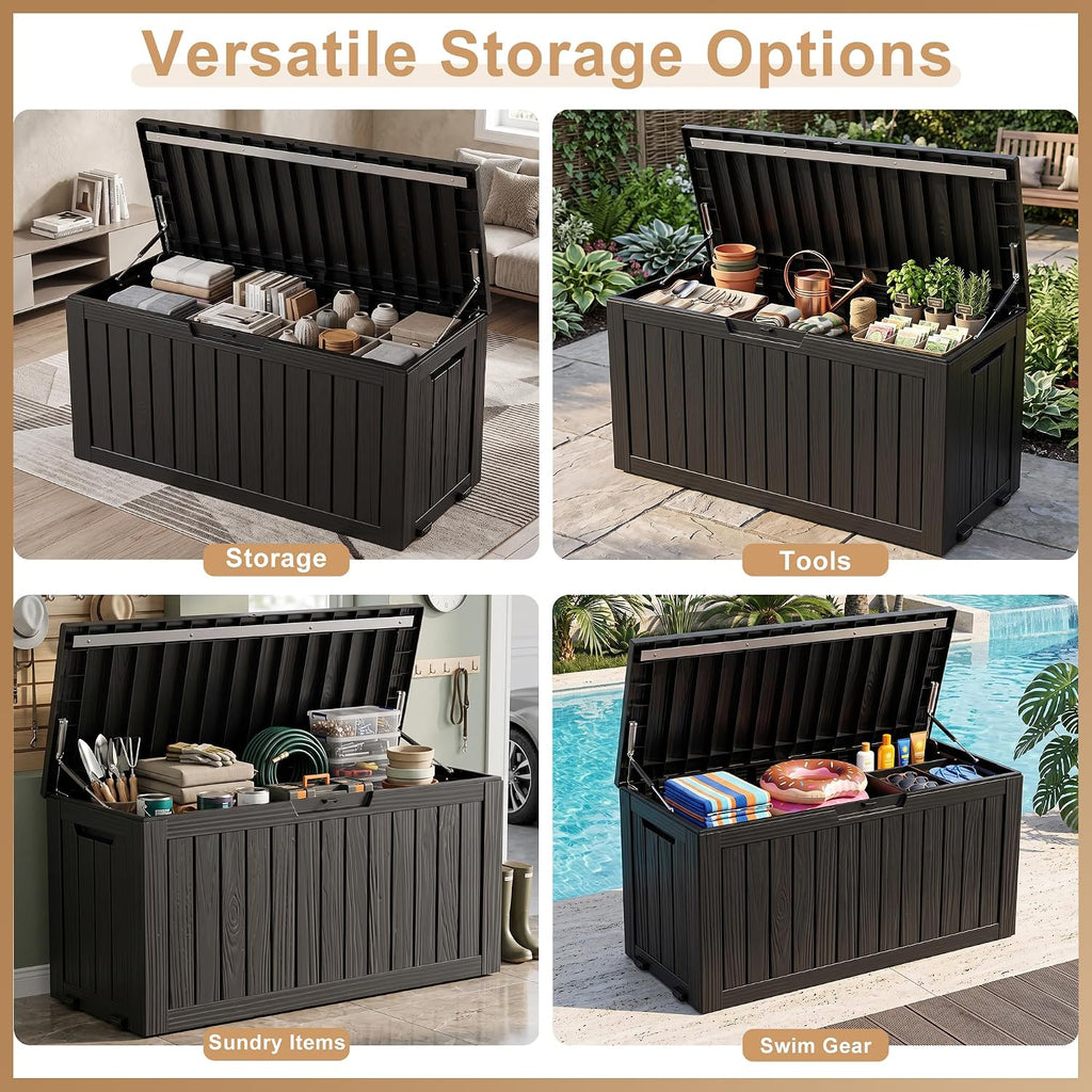 150gal outdoor storage box, waterproof lockable resin deck showing dimensions