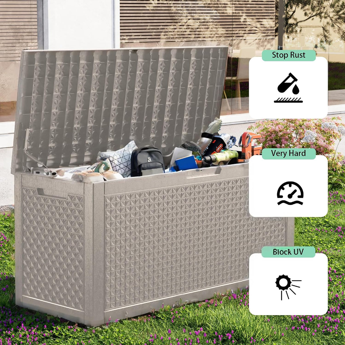 new 121 gallon outdoor storage box, resin deck, side view