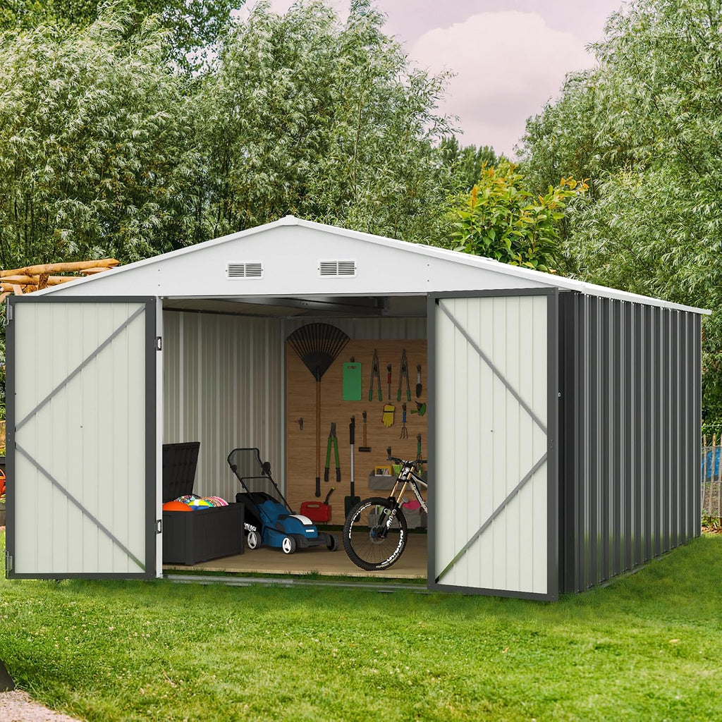 GUNJI 10 x 10 FT Shed Outdoor Storage Shed Metal Garden Shed with Lockable Door Outside Waterproof Tool Shed for Backyard, Patio, Lawn (Gray)