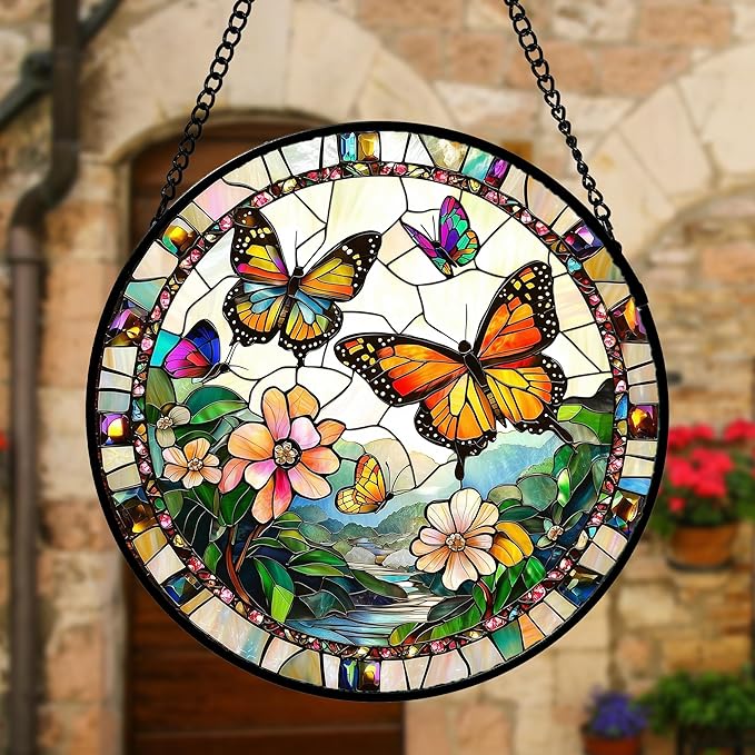 DASTOLL Stained Glass Window Hanging, Butterflies Flying in The Sky Suncatcher