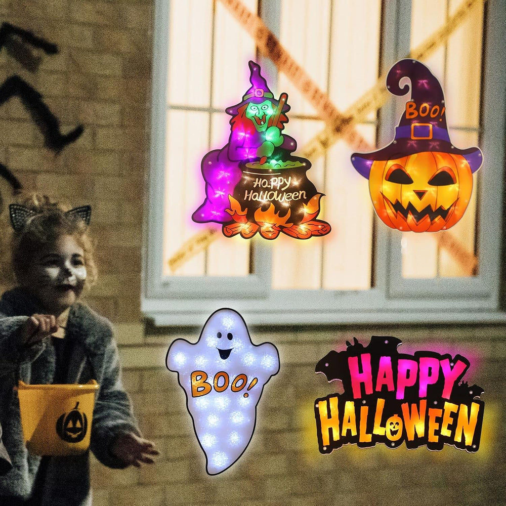 LAMPHOME 4 Pack LED Lighted Ghost,HappyHalloween Sign,Witch,Jack-O-Lantern Ha...