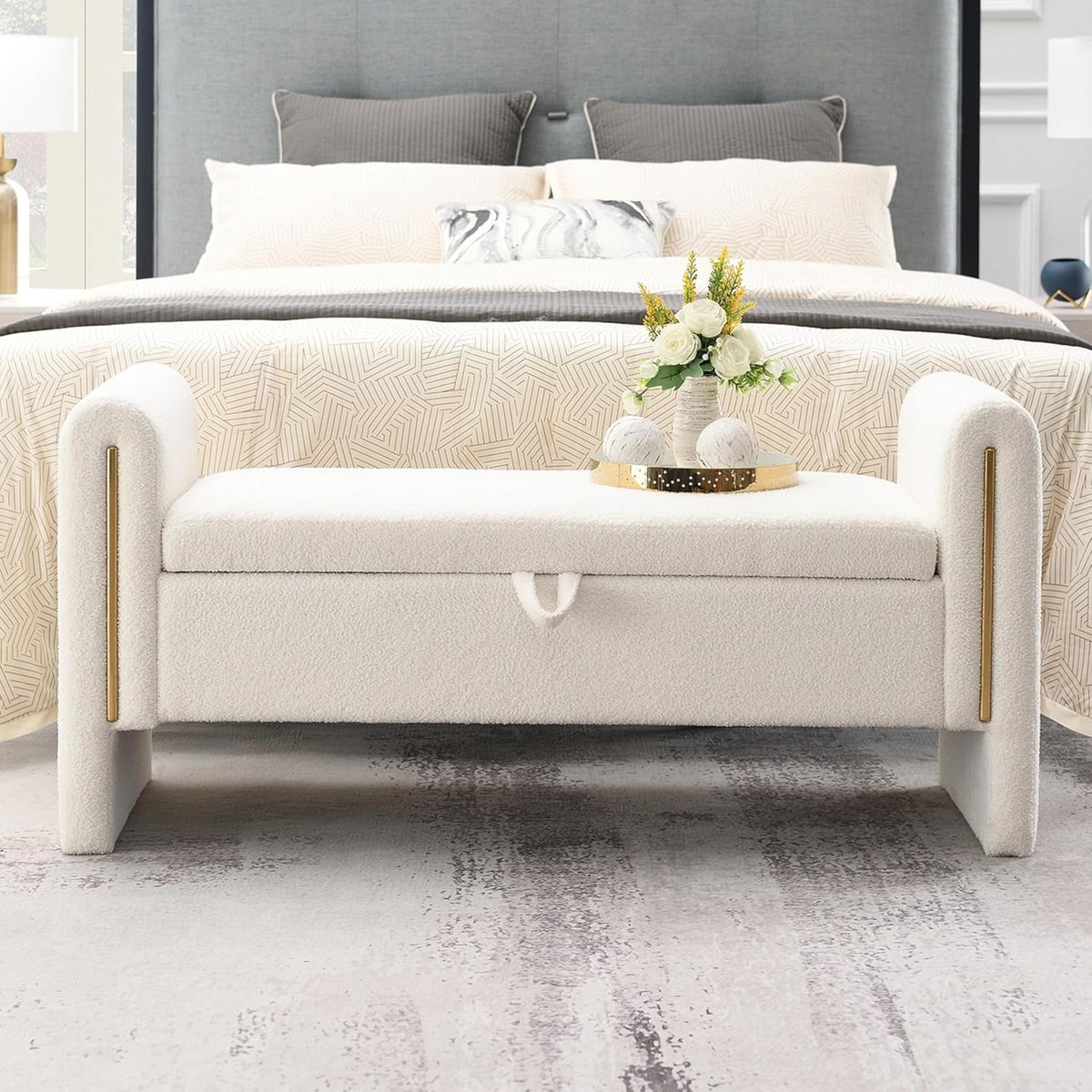 christopher knight home upholstered storage ottoman, teddy fabric, side view