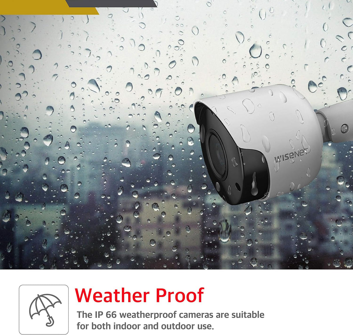 wisenet sdc-89445bf/89447bf 5mp cctv surveillance weatherproof bullet security on a desk or shelf