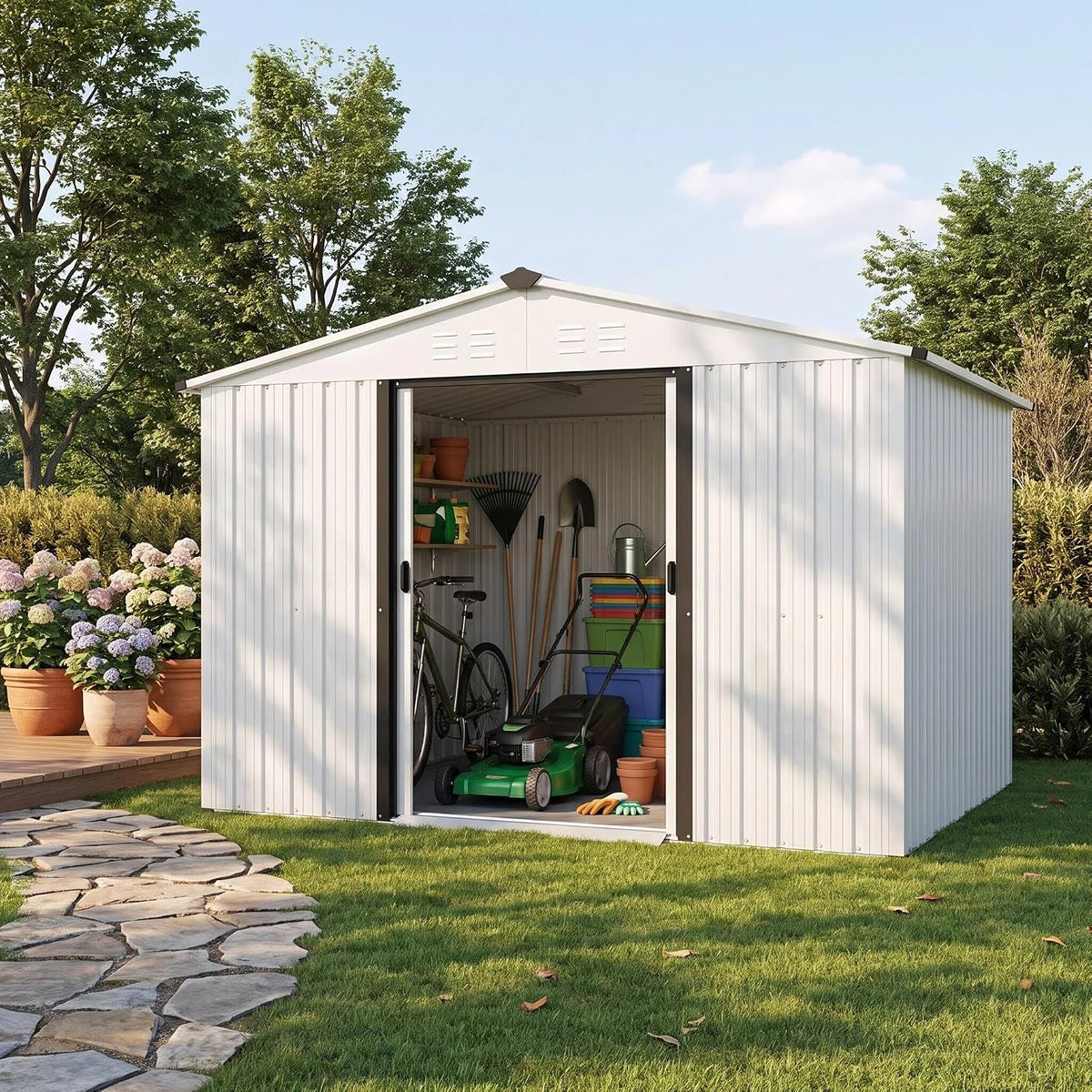 Crownland Outdoor Vented Backyard Garden Storage Shed 6X8 Feet Tool House with Sliding Door Outdoor Lawn Steel Roof Sheds (White)