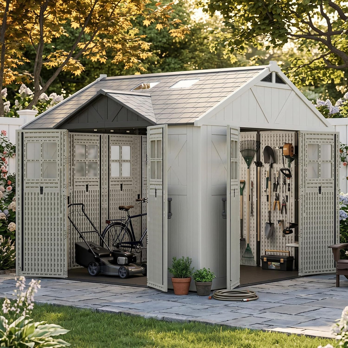 devoko 10x10 ft resin storage shed with floor, side view