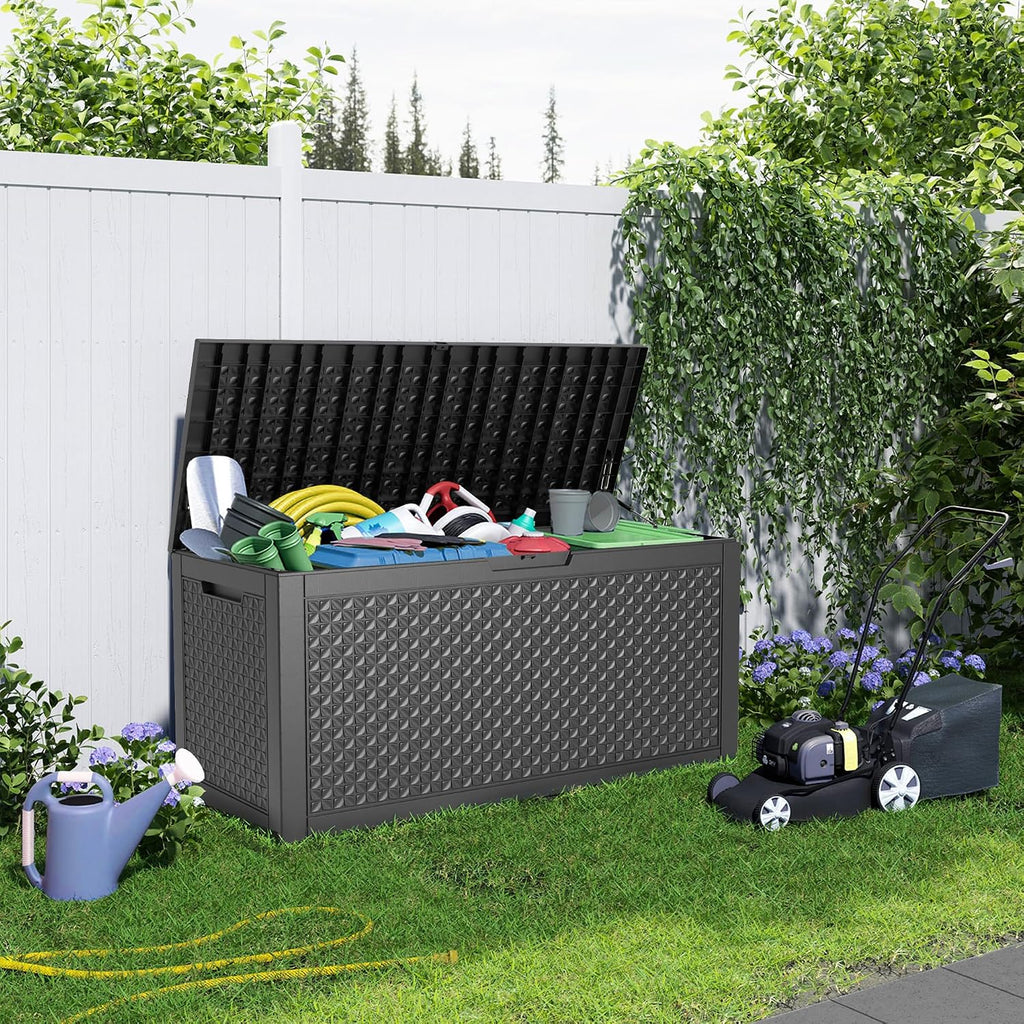 110 gallon outdoor storage box waterproof, resin lockable, close-up detail