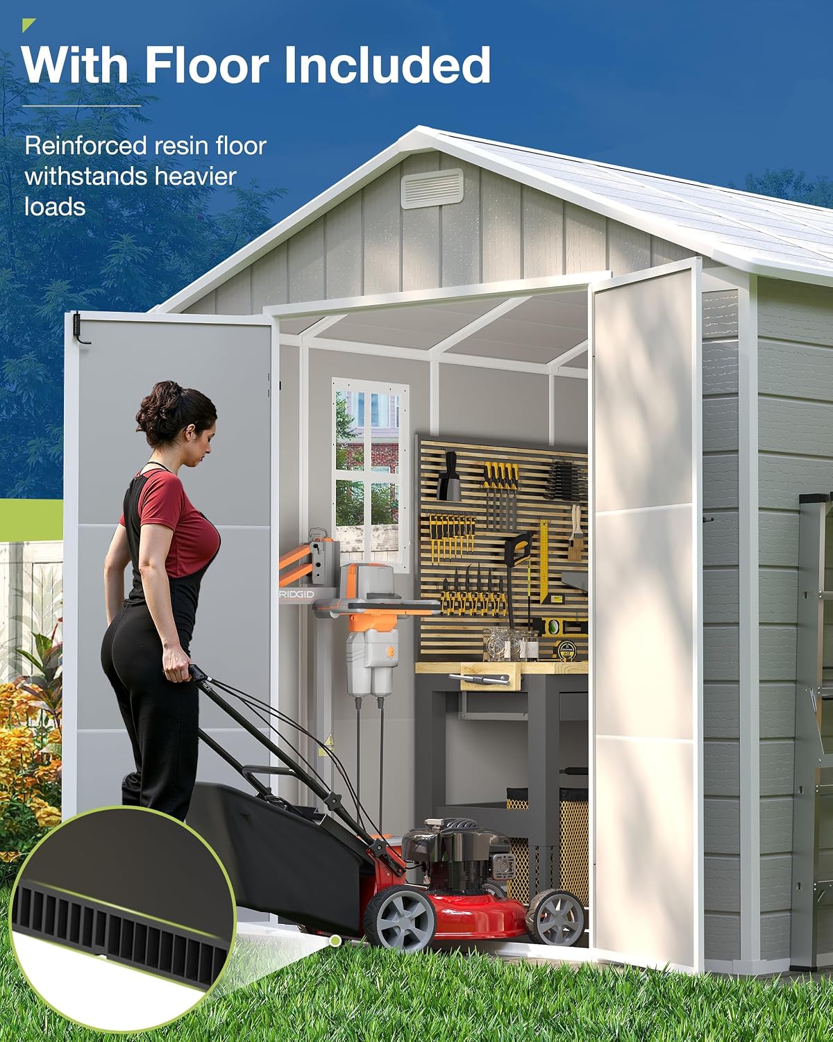 amopatio 8x6 ft storage shed with floor included, close-up detail