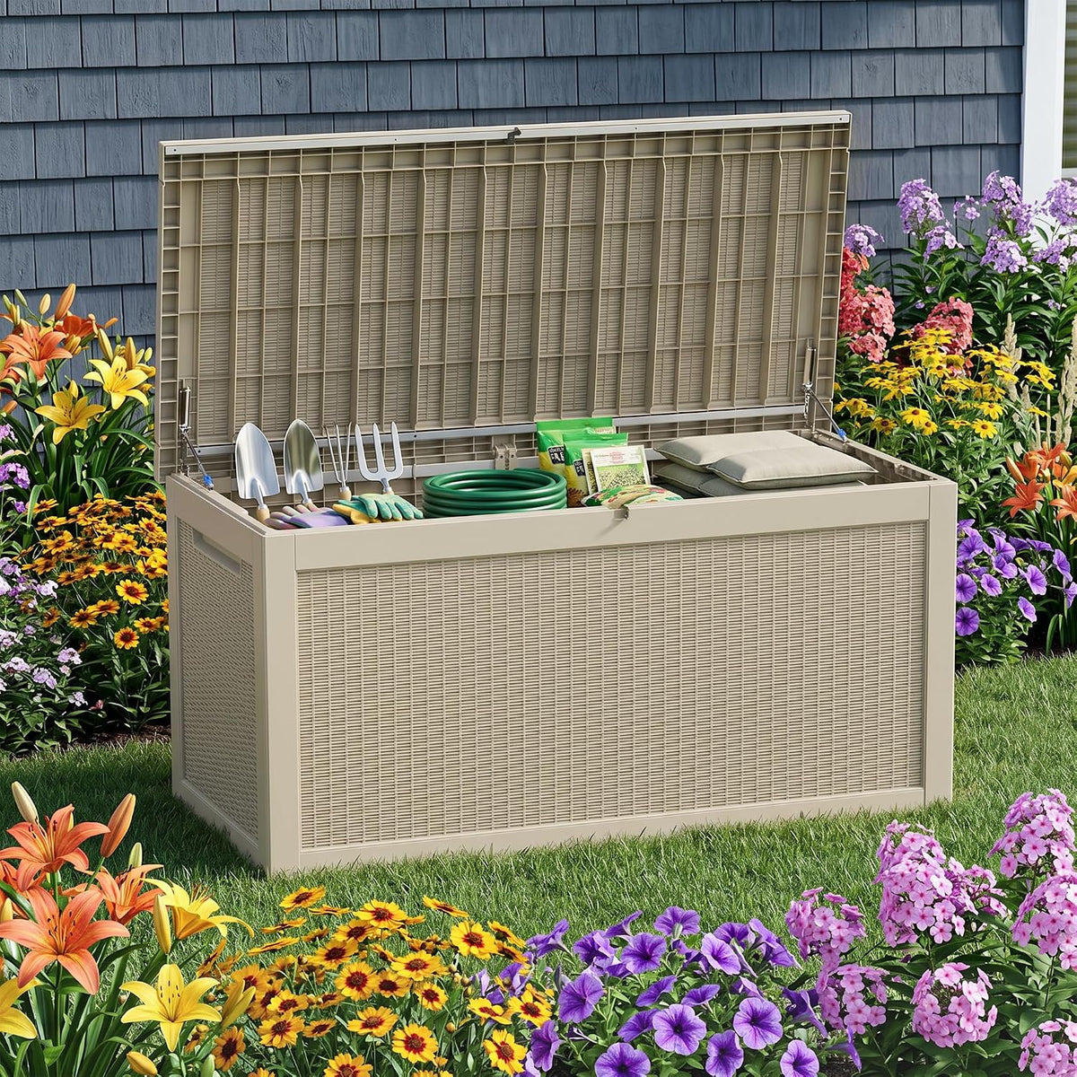 rojik 340 gallon deck box outdoor waterproof,weatherproof outdoor shown in use