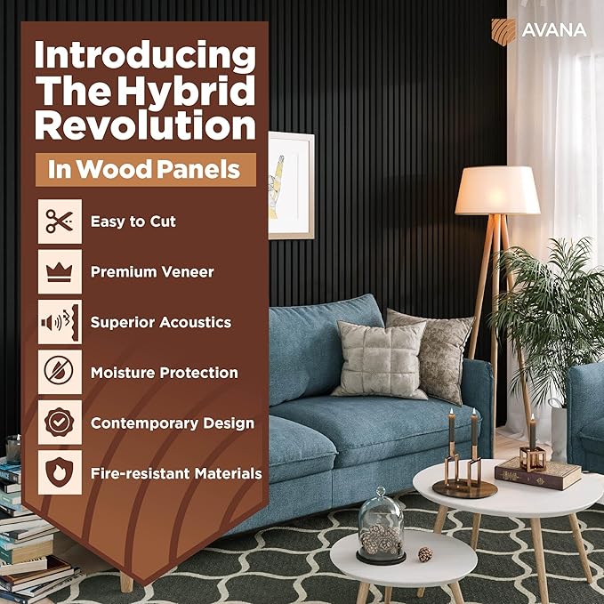 Avana Modern Acoustic Wood Wall Panels – 94.4 x 12.6 Inch Black Oak Acoustic