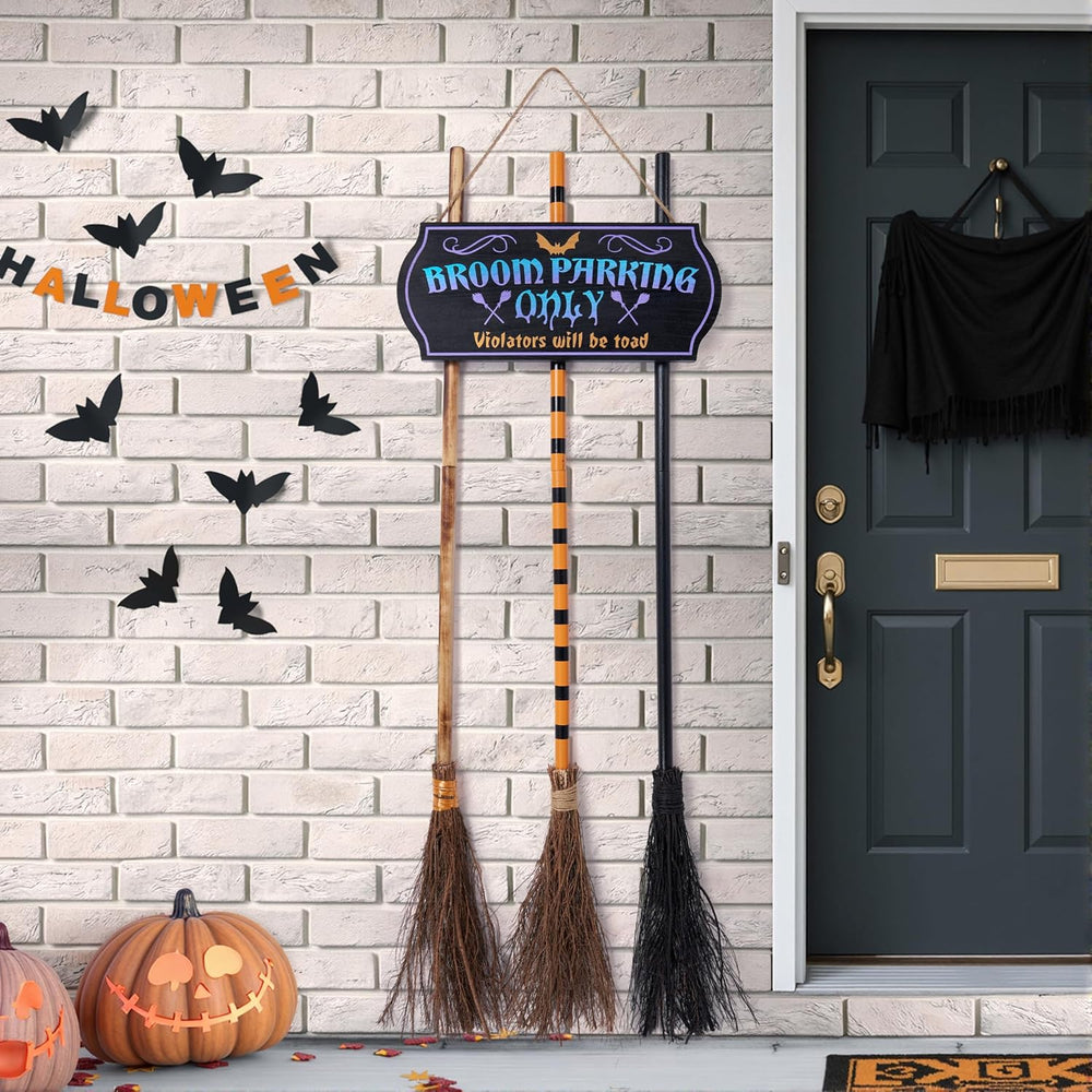 JOYIN Halloween Broom Parking Sign with 3pcs Wooden Witches Brooms, Halloween...