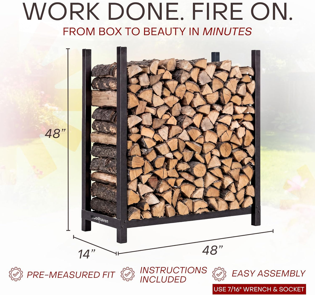 woodhaven 4-foot black raised firewood rack, 1/4 cord, side view