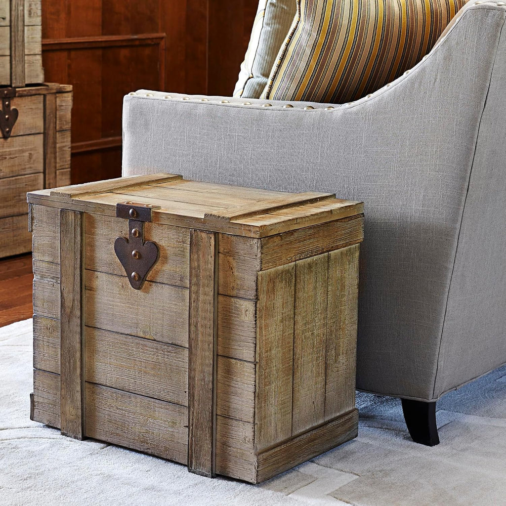 household essentials small antiqued decorative trunk, gray finish shown in use