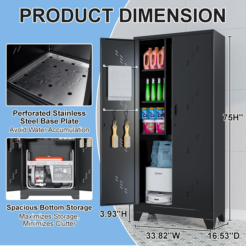 75" metal storage cabinet with lock, heavy-duty steel, close-up detail