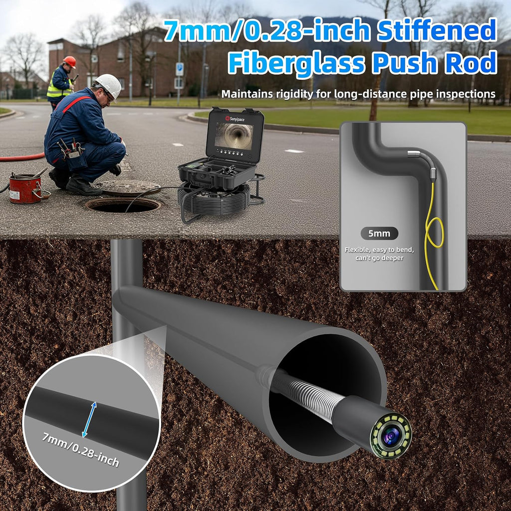 sanyipace sewer camera with pipe locator, 7mm/0.28inch cable showing dimensions