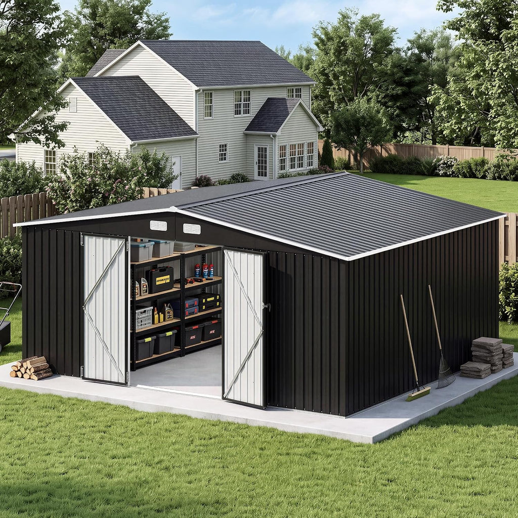 Aoxun 14x12 FT Outdoor Metal Storage Shed with Lockable Doors, Black
