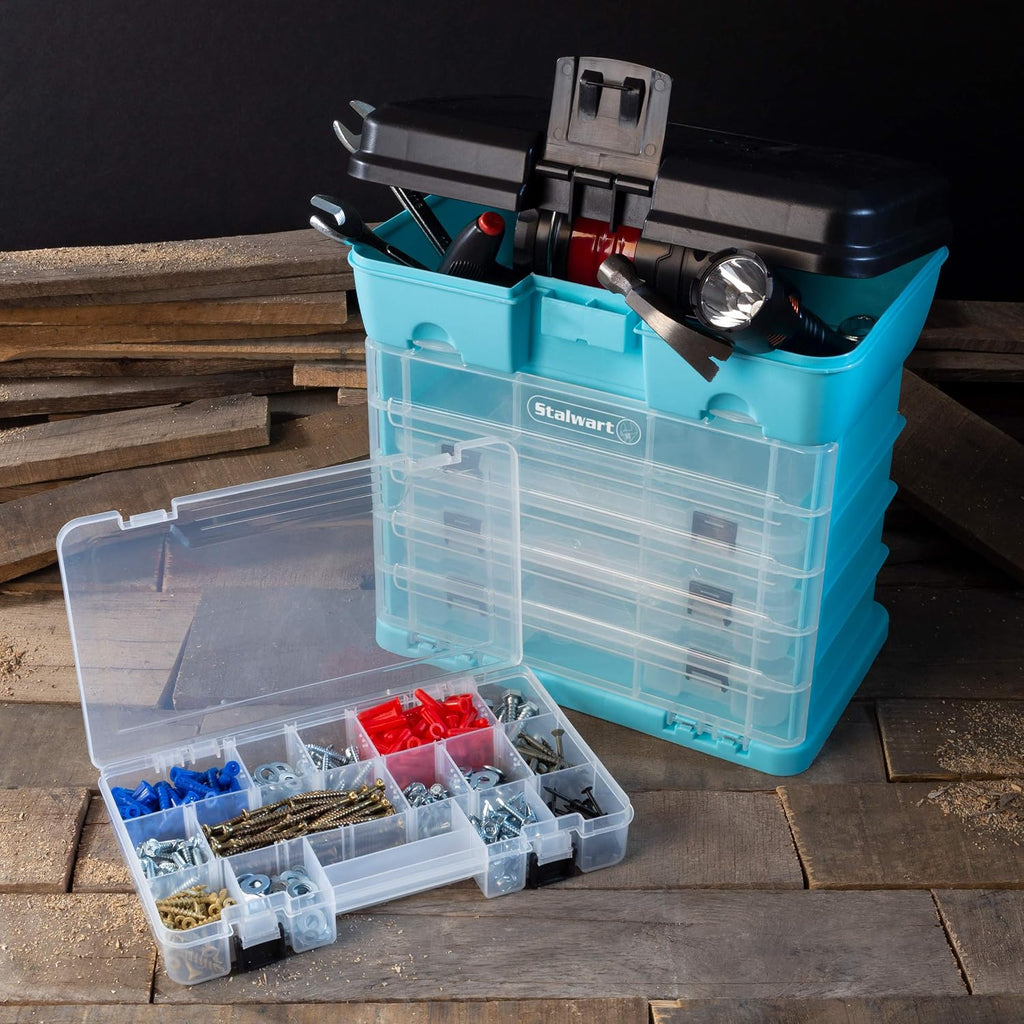 stalwart small parts organizer box, light blue, 10-inch, side view