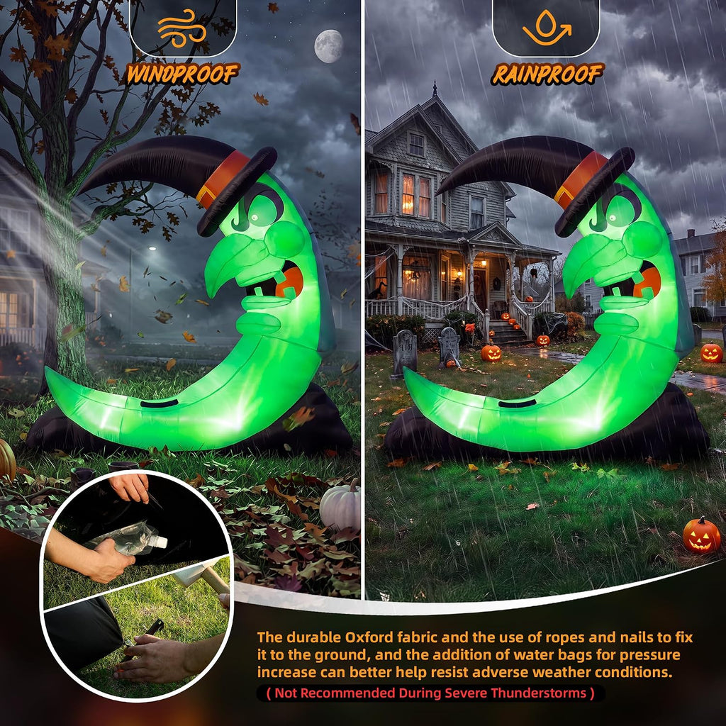 9FT Green Witch Moon Halloween Inflatables Outdoor Decorations with Bench