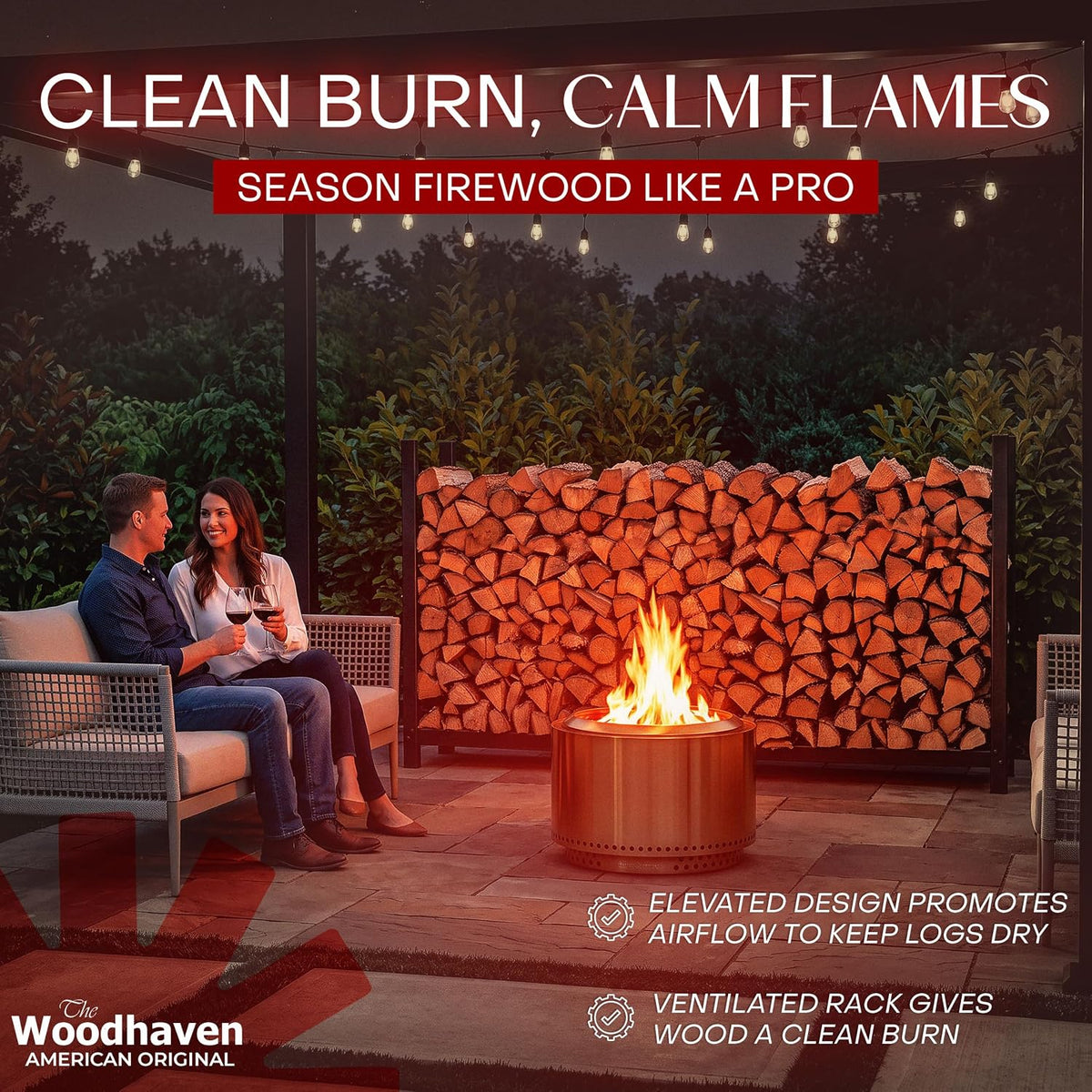 woodhaven 8-foot raised firewood rack black w/o cover showing dimensions